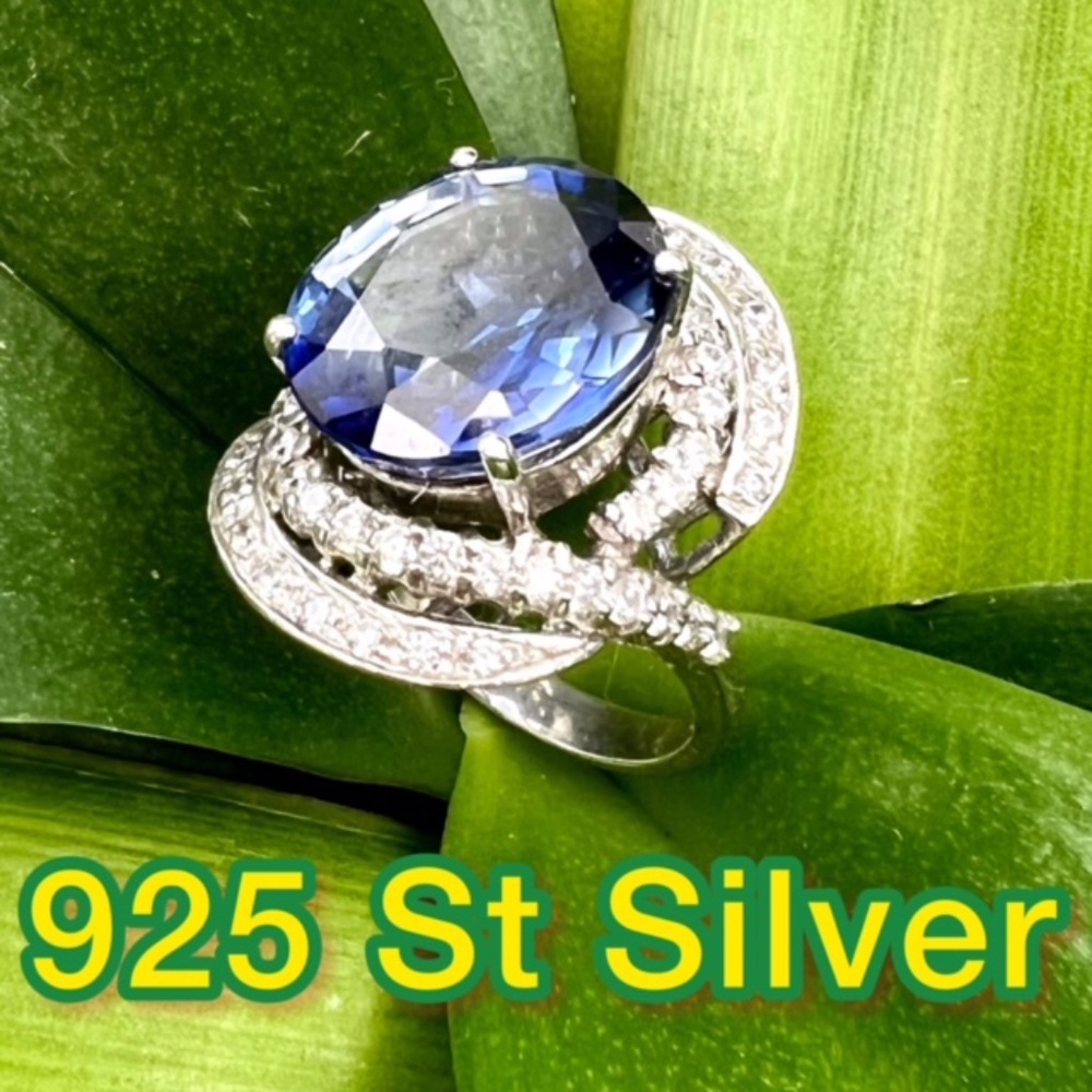 10 CT OVAL BLUE SAPPHIRE & WHITE CZ  925 ST SILVER COCKTAIL JEWELRY RING